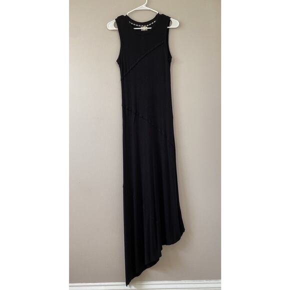 Greige Ribbed Minimalist Black Sleeveless Midi Dress Raw Edge Diagonal Hem LARGE - Picture 1 of 12